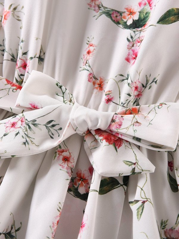 Girls Floral Print Ruffle Trim Belted Dress SHE