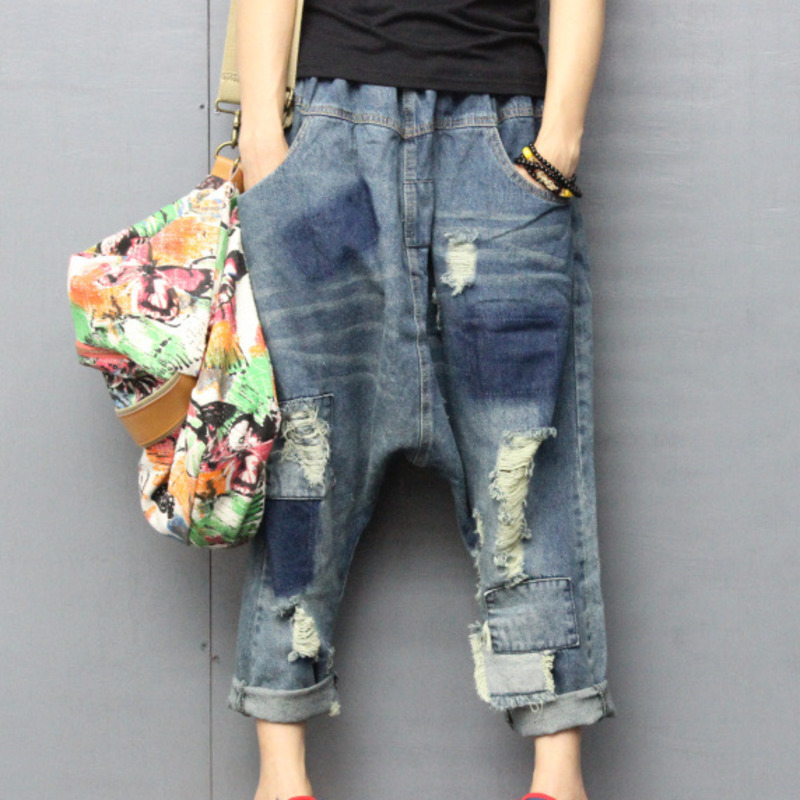 SHENGPALAE Spring Casual Blue Pleated Patchwork Elastic Hole Mid Waist Loose Fashion Full Length Harem Pants Women LJ201130