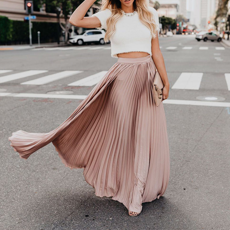 Pleated Chiffon High Waist Women's Maxi Skirts Floor Length Solid Long Skirt Ladies Loose Green Black Red Bottoms Female T200106