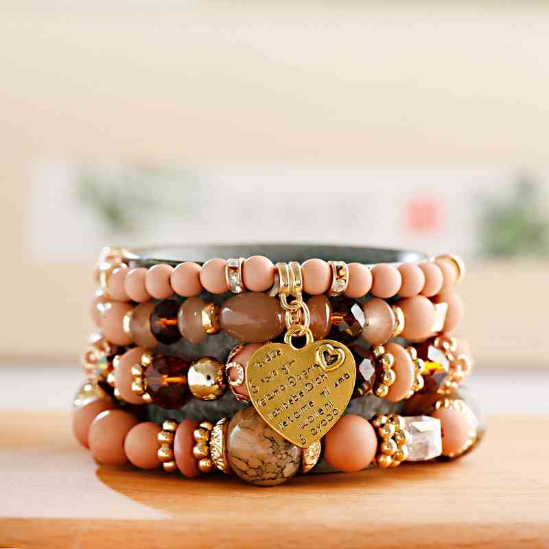 Tophanqi 4pcs/set Fashion Gold Metal Heart Crystal Beads Black Stone Beaded Bracelets Set for Women Boho Style Jewelry Gifts