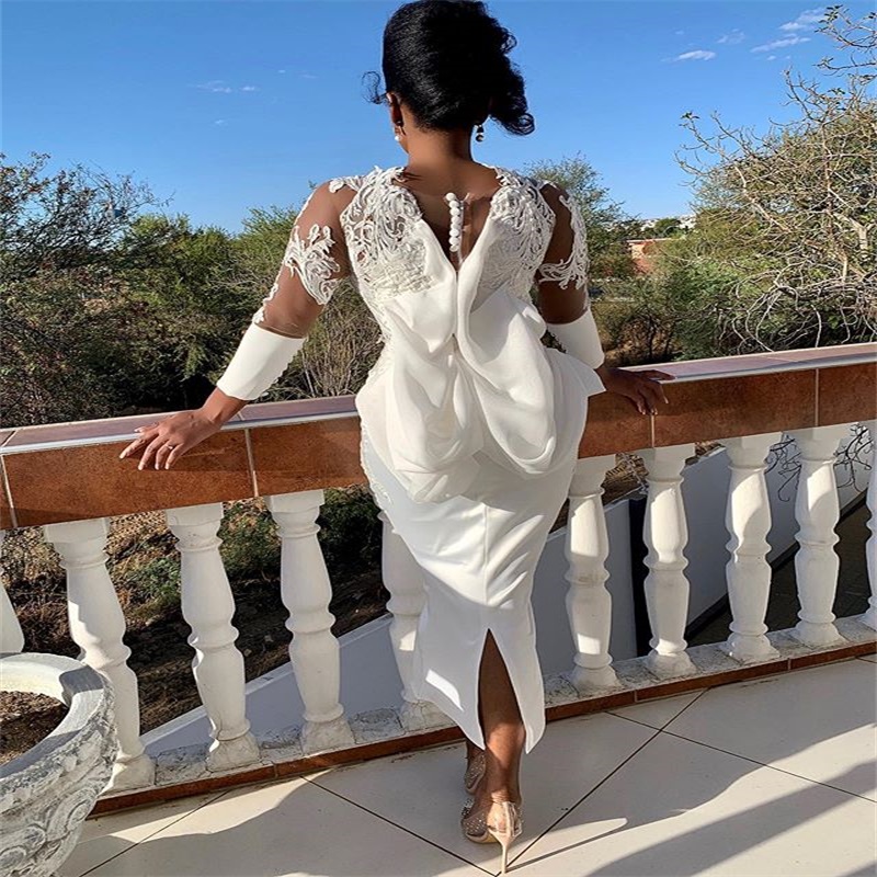 Real Image Chic Evening Dresses Long Sleeves Appliqued Lace Ruffles Formal Prom Dress Custom Made Sweep Train Long Mermaid Party Gown