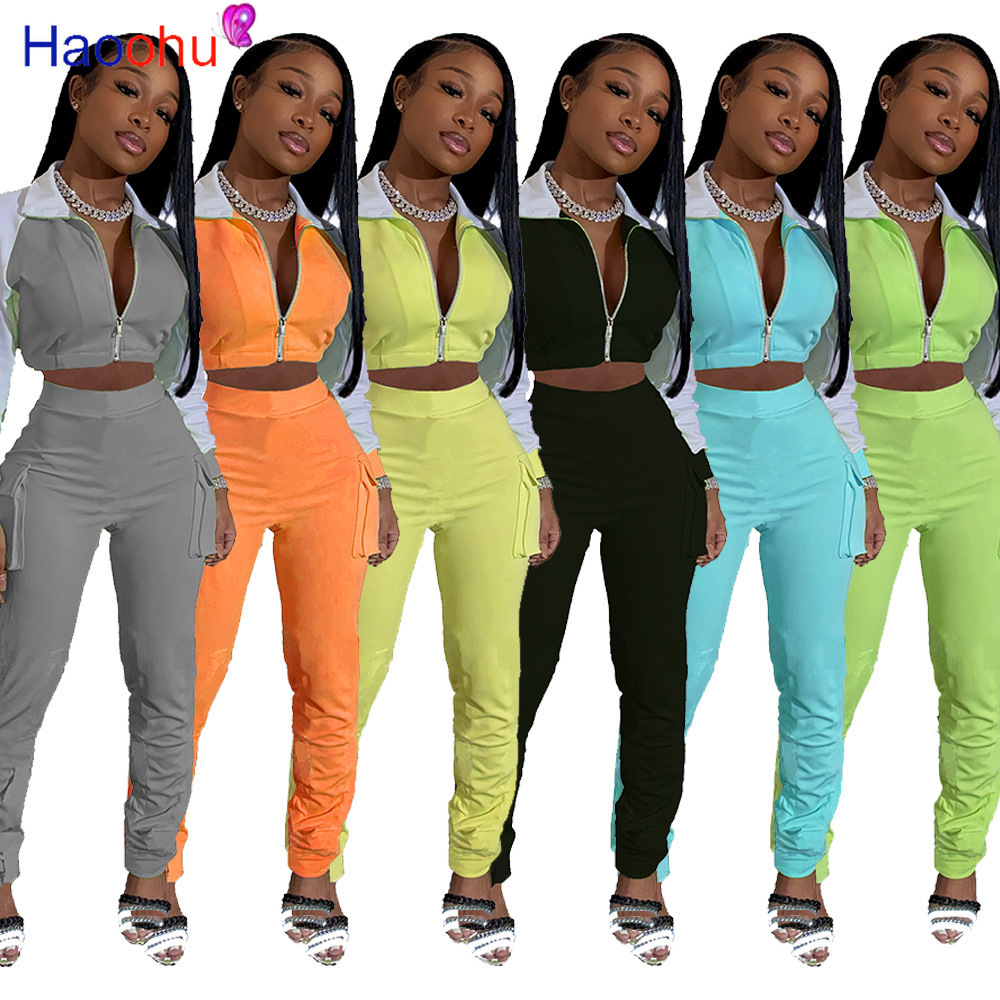 HAOOHU Sexy Reflective Two Piece Set Jumpsuit Long Sleeve Zip Crop Top+Pocket Stacked Leggings Fall Clothes for Women Tracksuit 201007