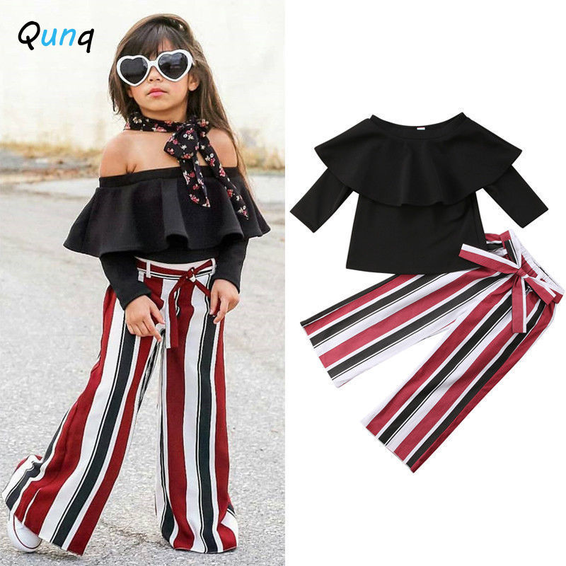Girls Clothes European and American Fashion Style Kids Suits for Girls Spring Fall Ruffle Striped Children Clothing SetX1019