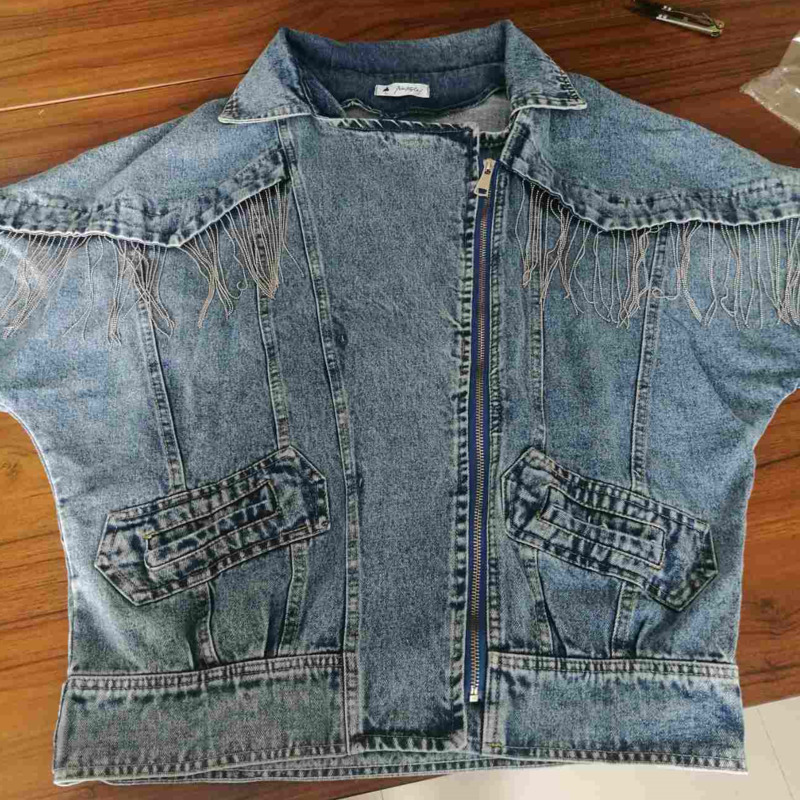 [EWQ] Vintage Full Sleeve Chain Tassel Loose Women Denim Jacket Fashion Leisure Trend Coat Feminino Korea Autumn New QL145 201017