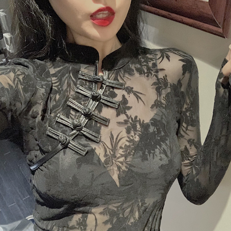 Korean New Style Chic Vintage Perspective Lace Blouse Slim Fit Cheongsam Embroidered Fashion 201126