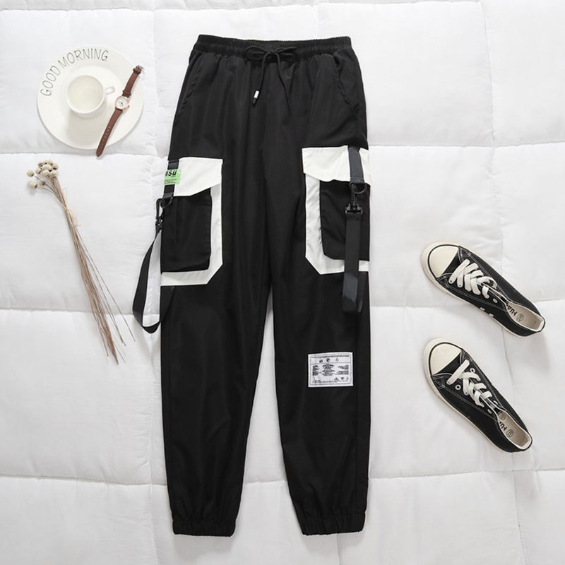 Spring Black Ribbon Cargo Pants Women High Waisted Joggers Women Women's Summer Big Pocket Sweatpants LJ201130