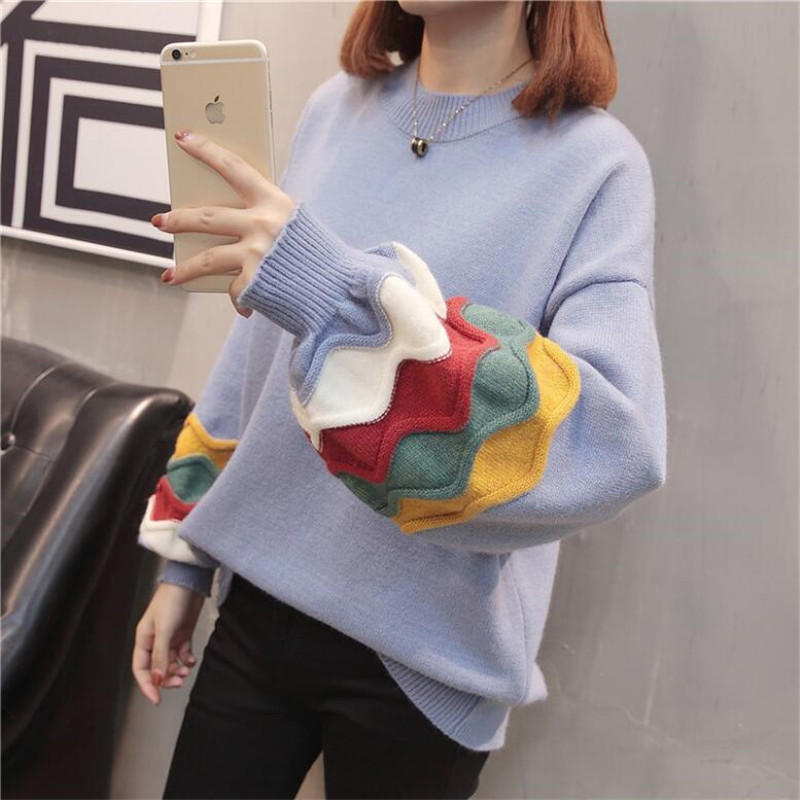 autumn and winter loose round neck color wide-sleeved sweater hem hole lazy wind pullover sweater women 201223