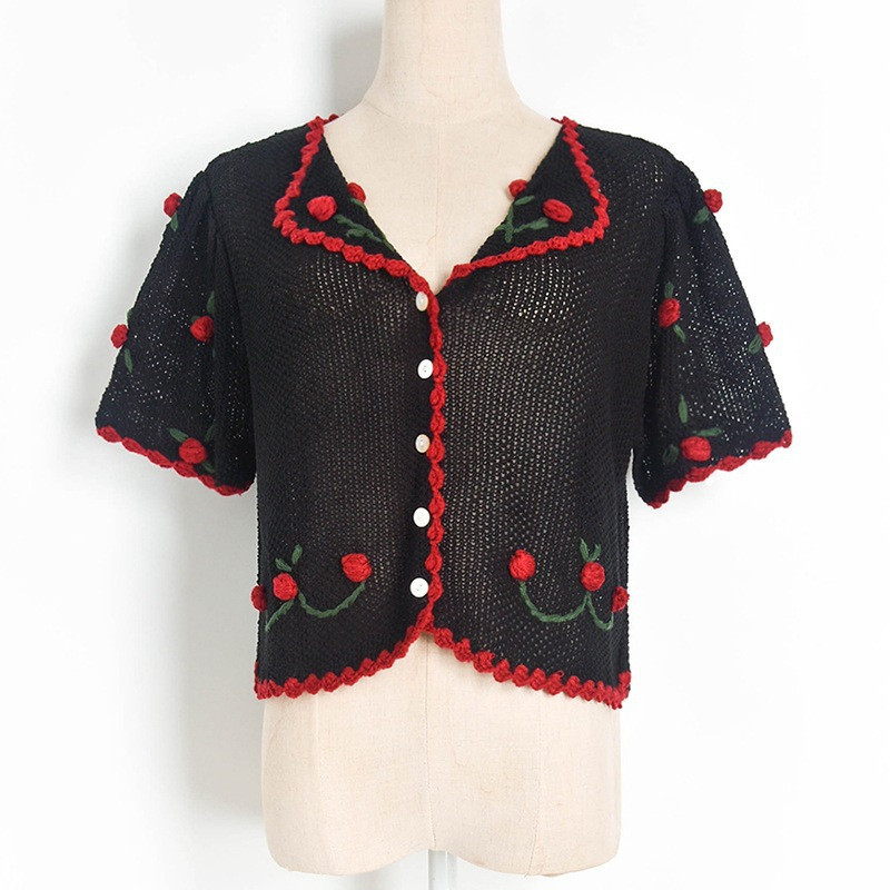 2021 Knitted Cardigan Summer New Hand-embroidered Cherry Contrast T-shirts Nice Short Female Jumper Sleeves UJFM, Black
2021 Knitted Cardigan Summer New Hand-embroidered Cherry Contrast T-shirts Nice Short Female Jumper Sleeves UJFM, Black