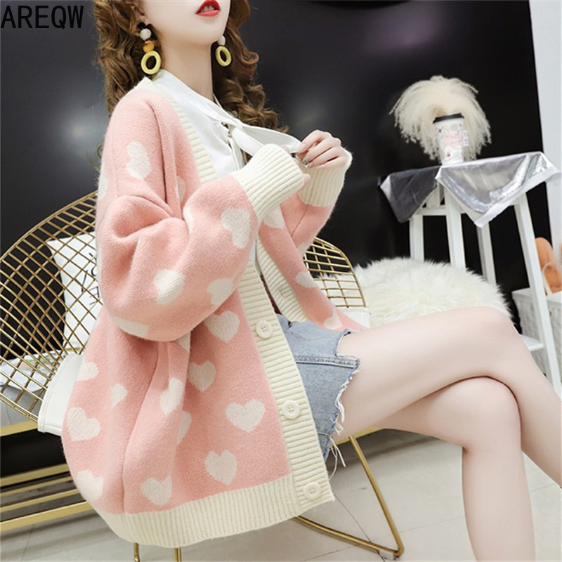 Autumn New Style Cardigan Oversized Sweater Women's Korean-style Loose Thick Heart Very Fairy of Sweater Students Coat 201017