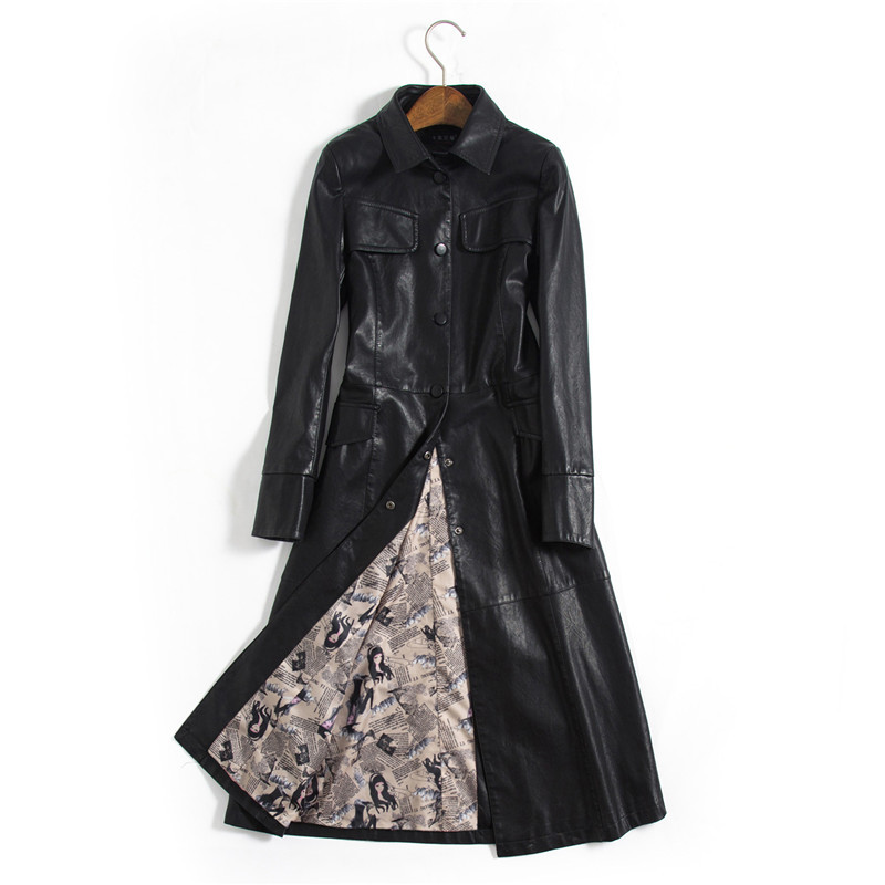 X-Long Women's Leather Jacket Single Breasted Autumn Faux Leather Coat Female Black Winter Overcoat With Belt Plus Size 5XL 201226