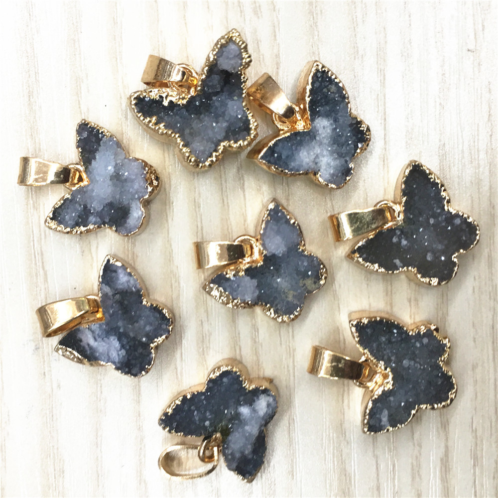 Natural Stone Gray Agates Druzys Drusy Pendants Butterfly Charms for Women Men Unisex Jewelry Necklace Making 6PCS Wholesale Lot 201014