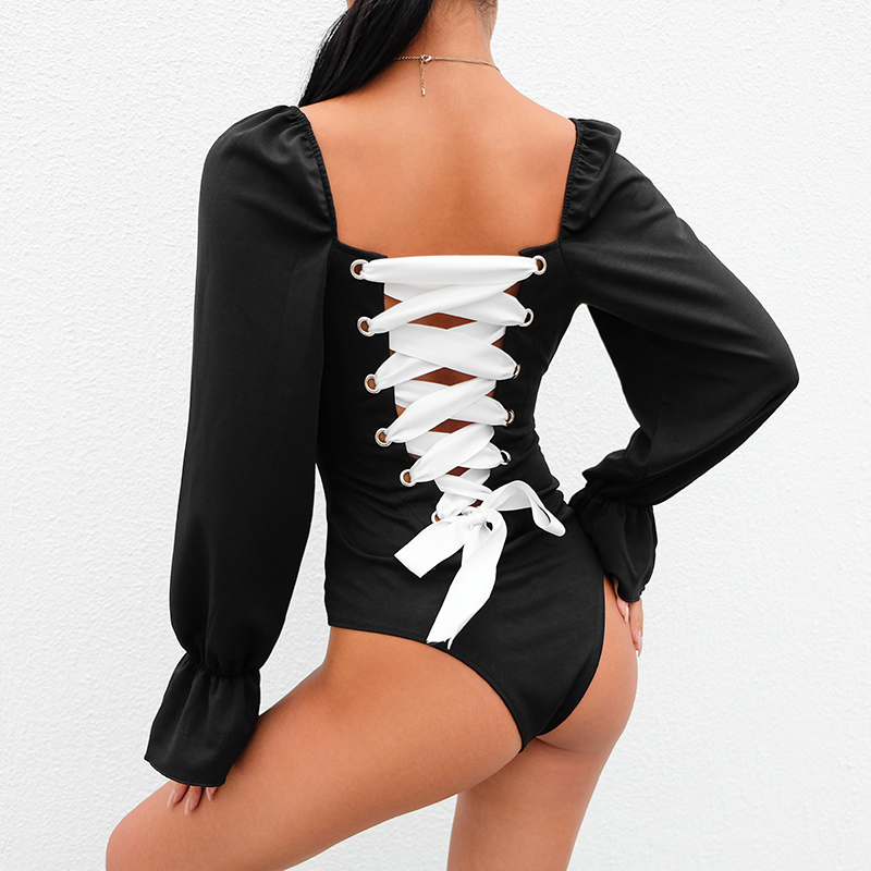 Rapwriter Sexy Backless Panelled Lace Up Square Collar Lolita Style Bodysuits Women Long Flare Sleeve Open Crotch Bodysuit Y200930