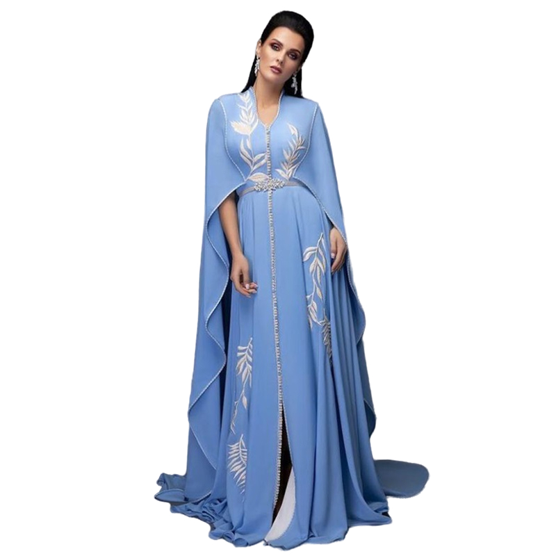 Elegant Moroccan Kaftan Sky Blue Evening Dresses With Cape V-Neck White Embroidery Appliques Arabic Dubai Women Chiffon Caftan Prom Gowns Long Formal 