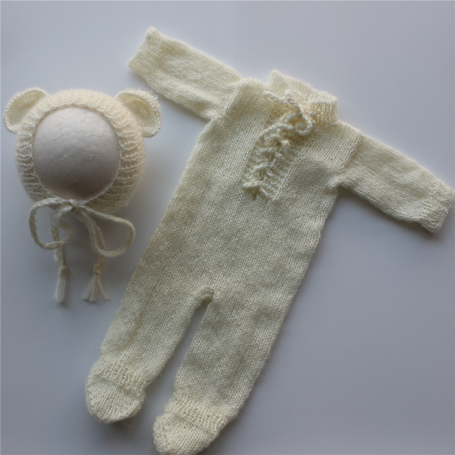 Newborn Photography Outfit Newborn Onesie and Bear Hat Newborn Footed Romper with Bear Bonnet Mohair Outfit Photo Prop C1018