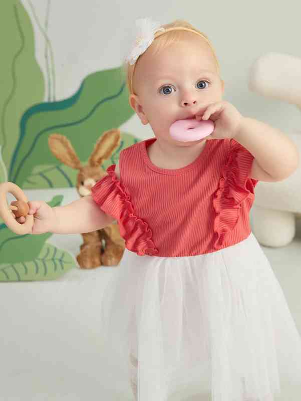 Baby Frill Trim Cold Shoulder Color Block Mesh Overlay Dress SHE