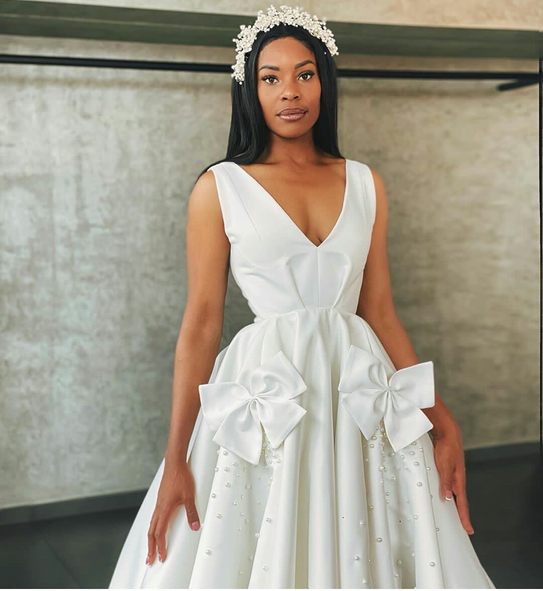 elegant pearls beading wedding dresses satin v neck ruffles a line bridal gowns robes de marie new fashion
