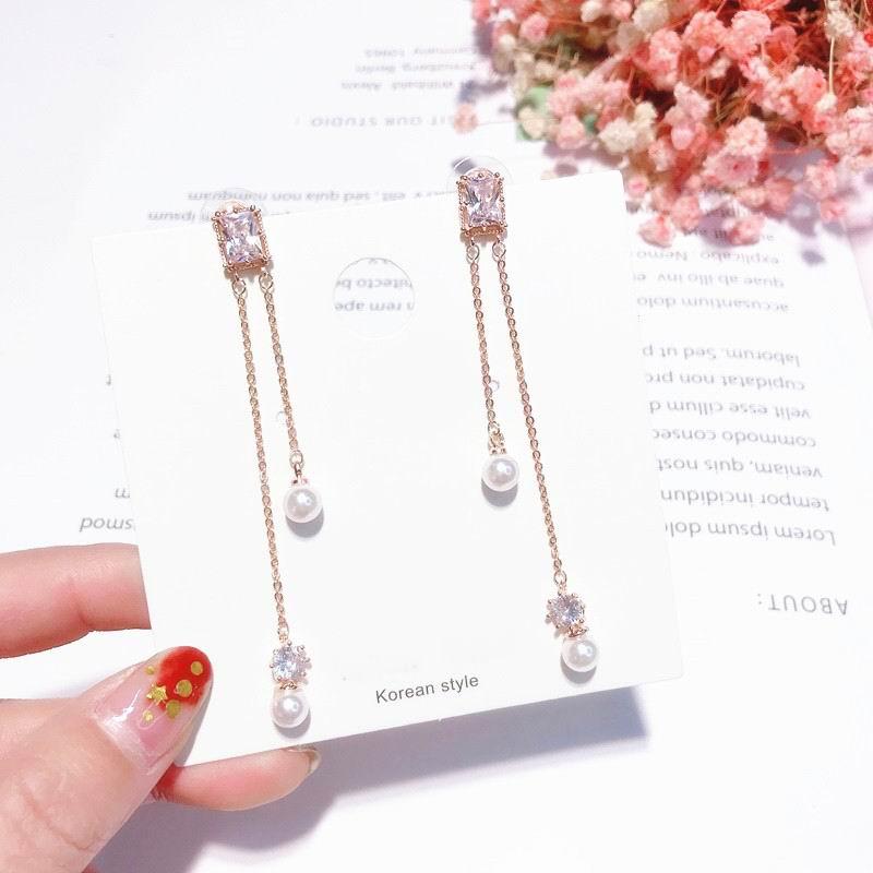 

MENGJIQIAO 2020 Korean New Elegant Square Cubic Zirconia Ear Line Long Pendientes Party Jewelry Simulated Pearl Tassel Earrings