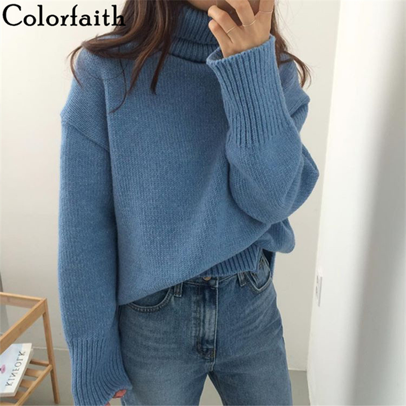 Colorfaith Women's Sweaters Autumn Winter Pullover Knitted Turtleneck Split Minimalist Solid KoreanStyle Loose Tops SW7400 201030wtt