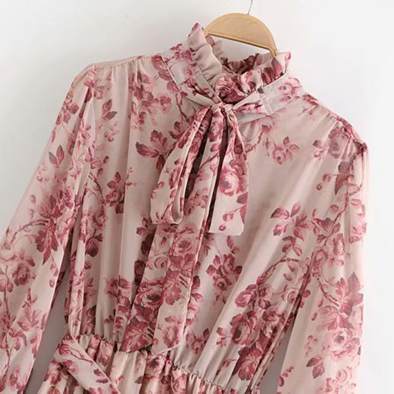Vintage Floral Print Sashes Ruffled Pleated Dress Women 2020 Fashion Bow Tie Collar Long Sleeve Dresses Casual Vestidos Mujer LJ201204