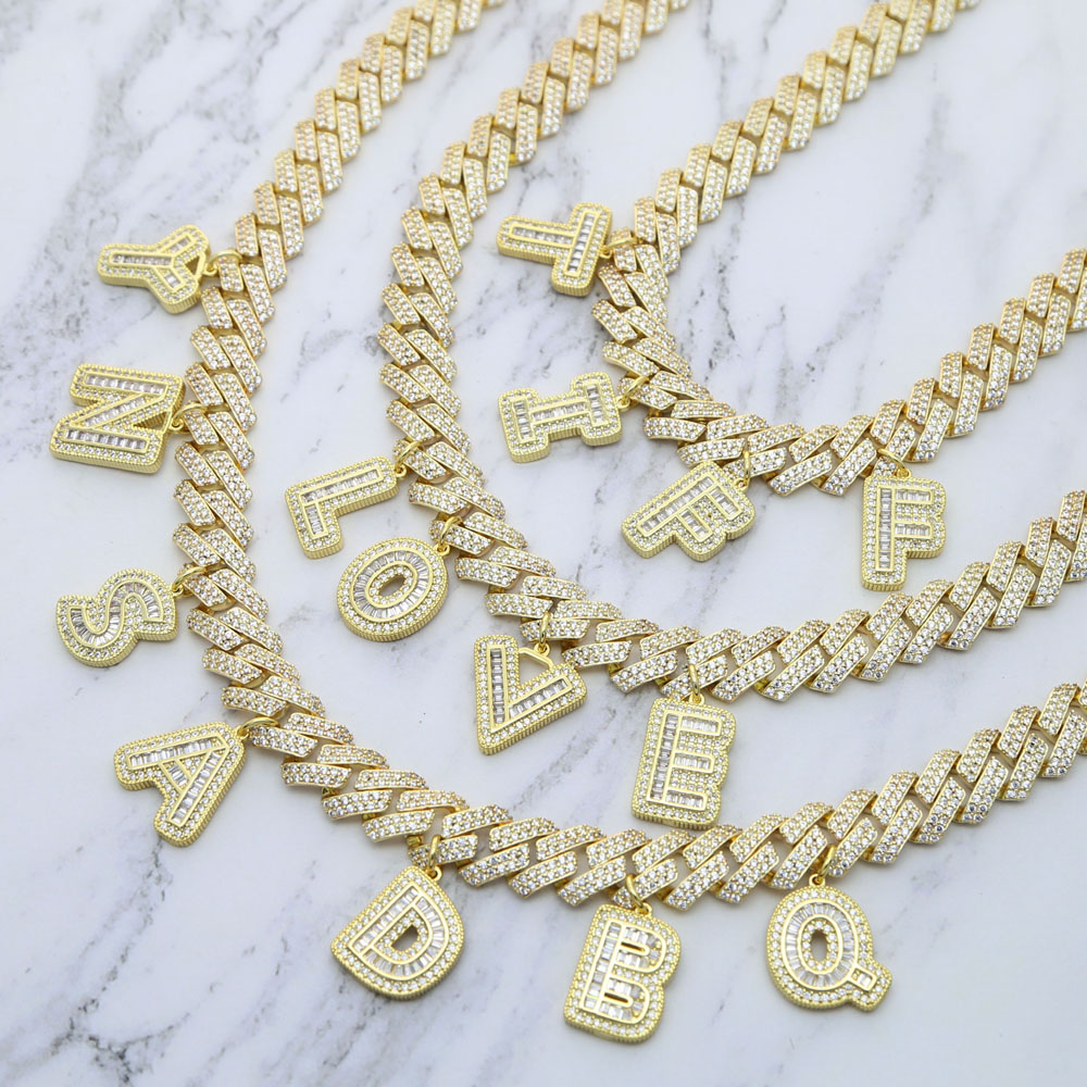 Hiphop Bling 5A Cubic Zirconia 12mm Width Cuban Link Chain Baguette Cz Paved 26 Alphabet Initial Charm Diy Name Choker Necklace