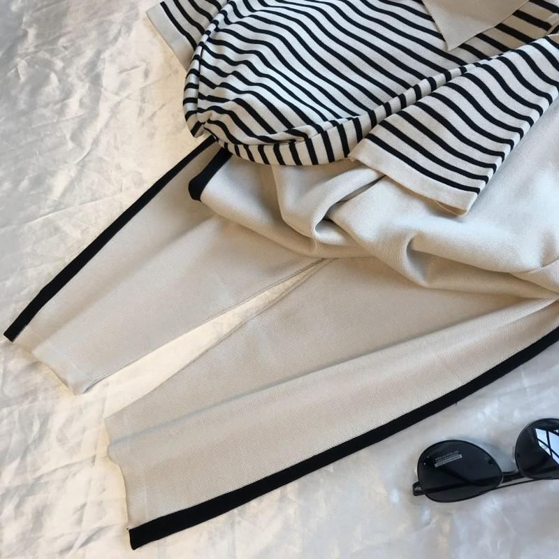 Fashion stripe patchwork knitted two peice set women turn-down collar short sleeve sweater tops+harem pants casual tracksuit 201120