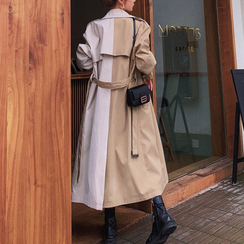 [DEAT] Women's Coat Hit Color Lacing Slim Full Sleeve Over Long Wild Loose Casual Trench New Autumn Fashion Clothing AM791 201211