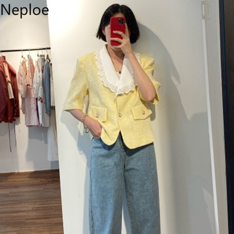 Neploe Lace Patchwork Jacket Women spring Korean Ins Single Breatsed Long Sleeve Coats Femme Loose Fashion Ladies Top 1C856 201112