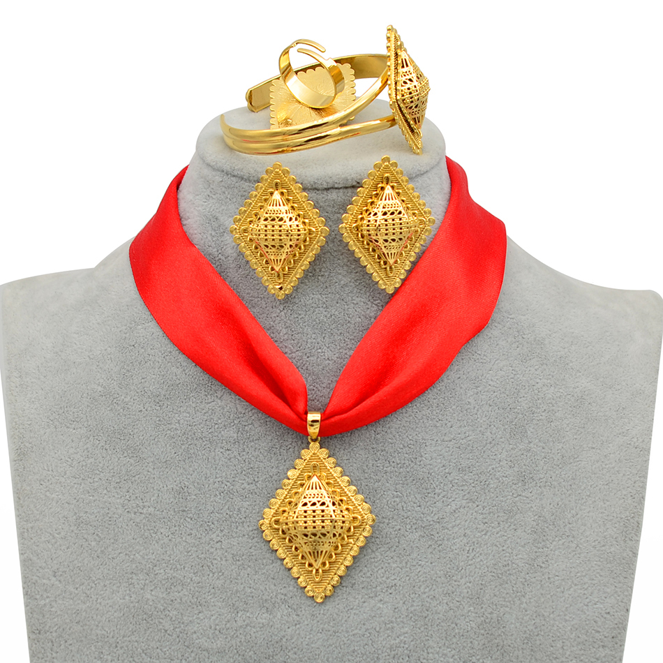 Anniyo DIY Rope Ethiopian Jewelry set Pendant Necklaces Earrings Bangle Ring Gold Color Eritrea Habesha Jewellery Sets #218406 201222