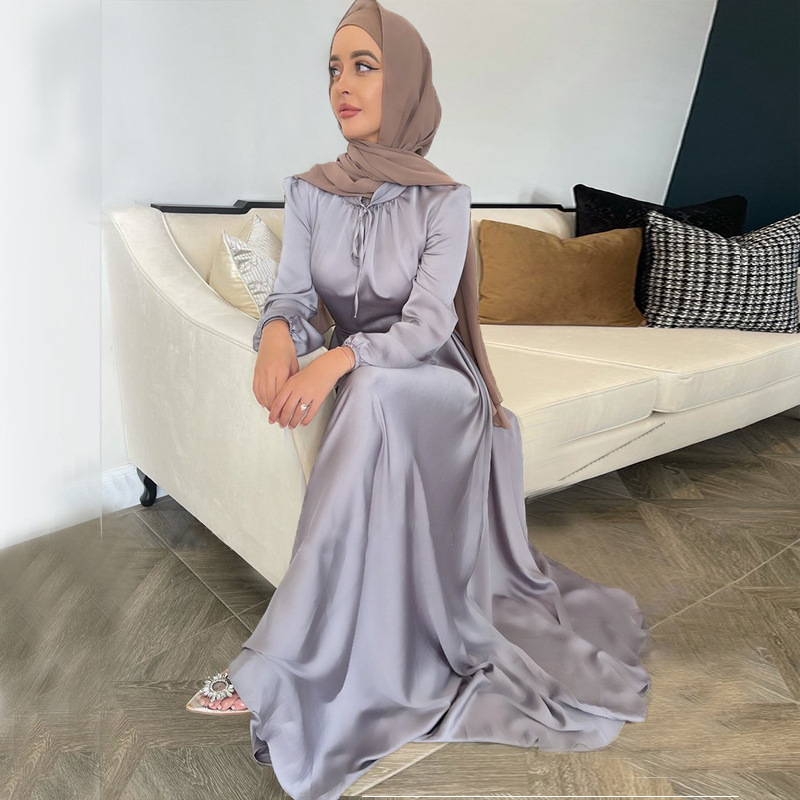 Solid Color Satin Long Dresses for Women Muslim New Fashion Saudi Turkey Robe Arabe Islam Clothing(The logistics price Pls Contact us)