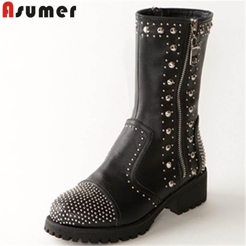 ASUMER 2020 NEW fashion punk ankle boots for women rivet genuine leather boots round toe square low heels zip female1, Black
ASUMER 2020 NEW fashion punk ankle boots for women rivet genuine leather boots round toe square low heels zip female1, Black