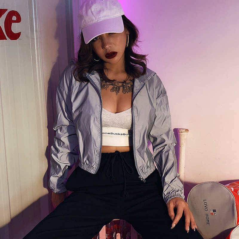 Full Reflective Jackets Women Personality Windbreaker Jacket Coat Female Hooded Streetwear Hip-hop Shinny Jacket Zipper 201026