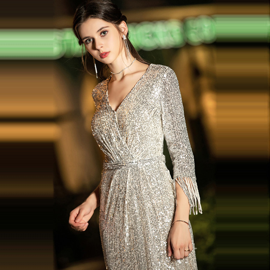 Sequins Formal Gown Silver VNeck Robe De Soiree K019 Long Plus Size Women Party Dresses Elegant Long Sleeves Evening Dress 201114