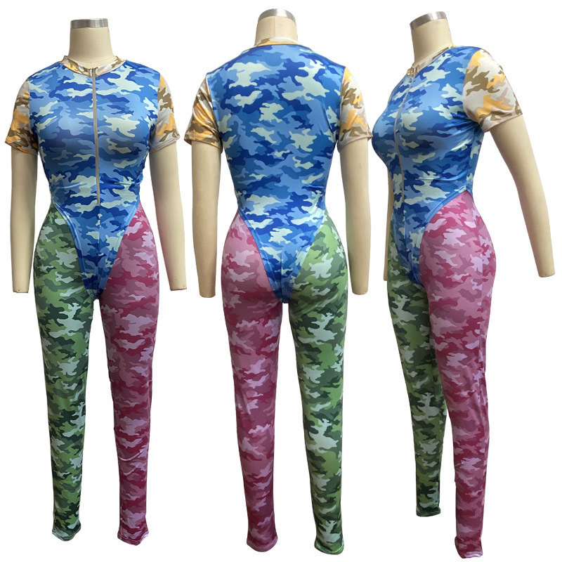 HAOYUAN Sexy Camouflage Two Piece Set Tracksuit Women Summer Clothes Bodysuit and Pant Sweat Suits 2 Piece Outfits Matching Sets T200603