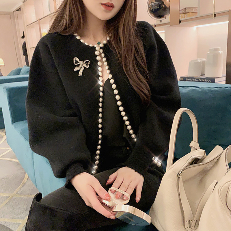 New Fashion Korean Jackets Pearls Cardigan Batwing Sleeve Wool Knit Vintage Women's Coat High Quality Jacket AQ927 201013