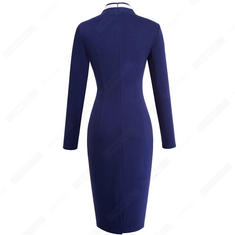 Women Vintage Autumn Winter Long Sleeve Navy Blue Stand Collar Double-Breasted Button Business Work Bodycon Pencil Dress EB410 201008