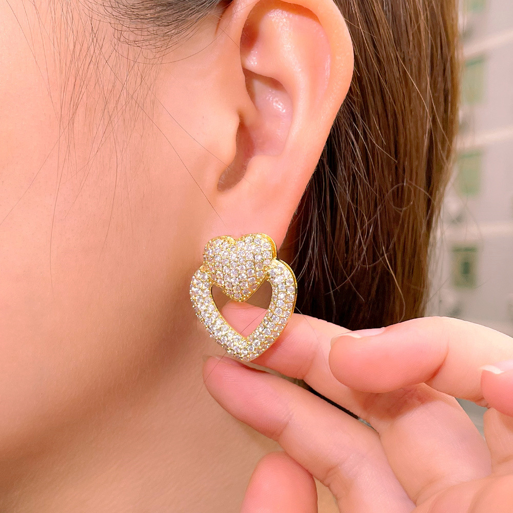 Sterg Sier Heart Stud Earrings for Women - Gold Fill, 5A Cubic Zirconia, Wedding, Party, Lover's Gift