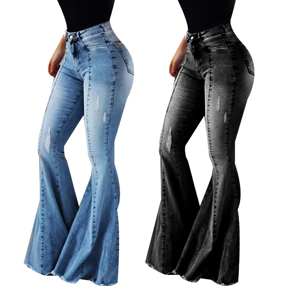 Sale Women Sexy High Waist Skinny Ripped Jeans Female Spring Summer Fashion Black Blue Flare Denim Pants Bell-bottoms LJ201127