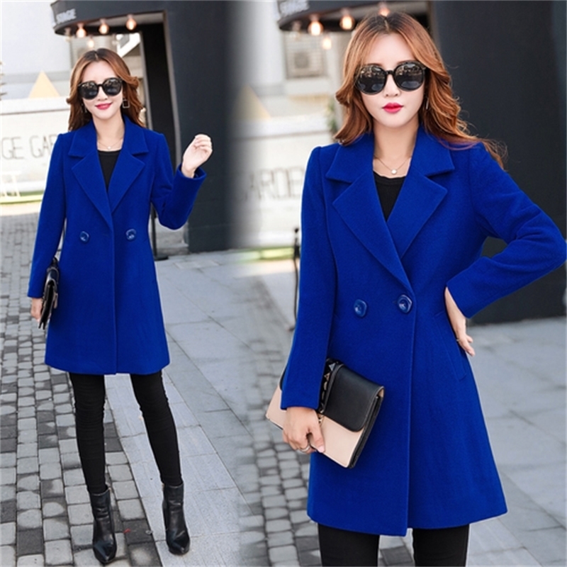 New Autumn Winter Long Wool Coat Women Slim Turn-down Collar Coats Woman Korean Black Coats Casaco Feminino Plus Size Red 201102