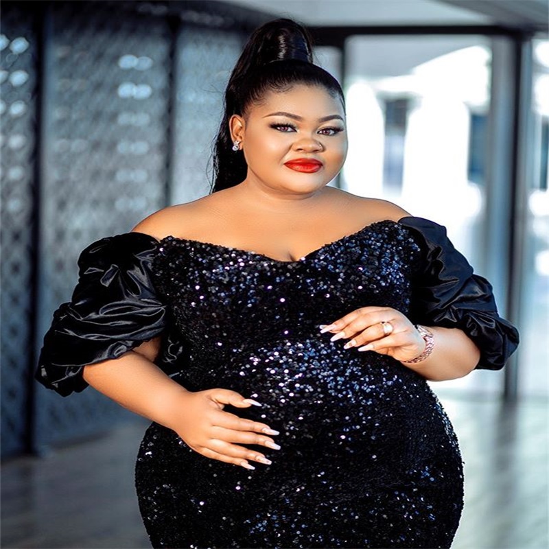 Real Image Plus Size Mermaid Evening Dresses Glitter Sequins V-neck Prom Dresses Short Sleeves Sweep Train Formal Party Gown Custom Made