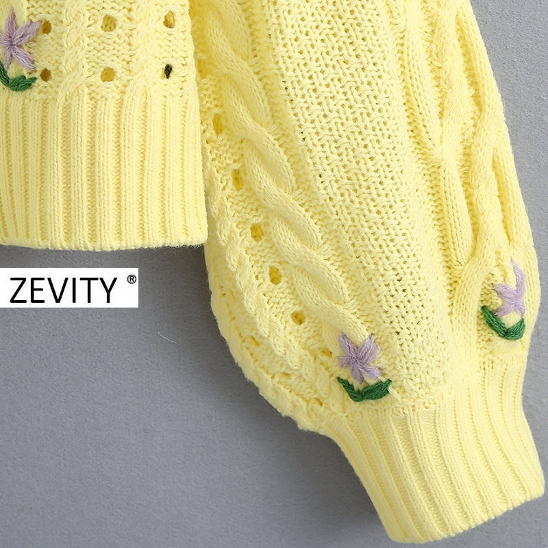 Zevity women Fashion Floral Embroidery Twist Crochet Cropped Knitted Sweater Lady hollow out casual pullovers chic tops S343 201222