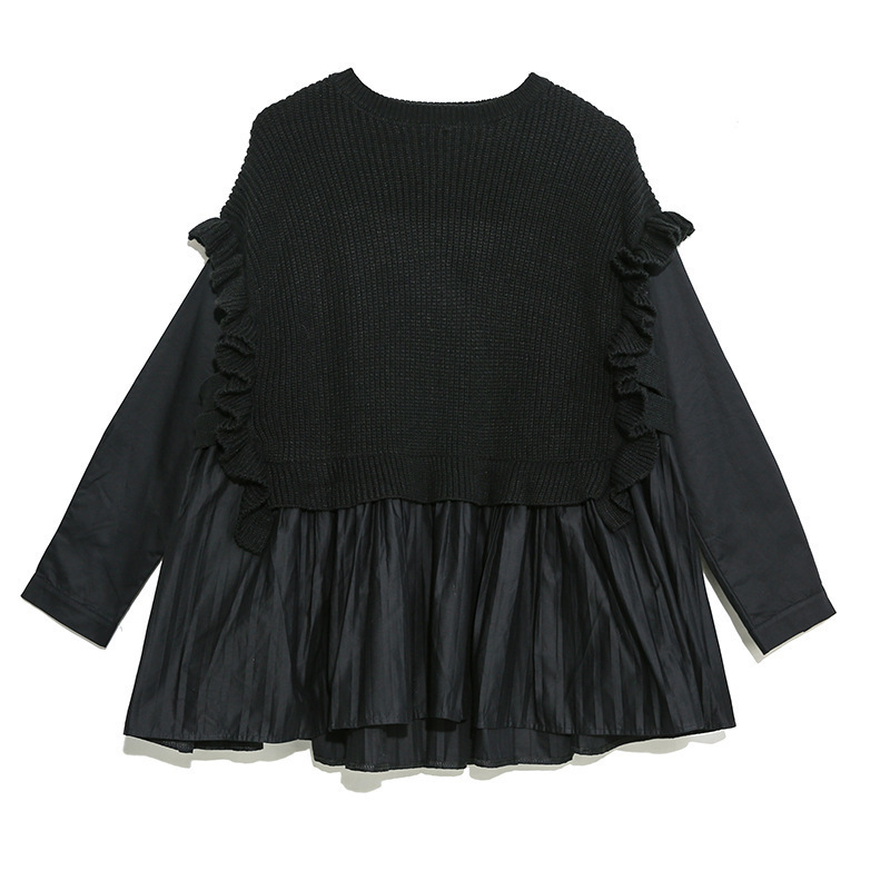LANMREM New Stitching Sets Of Ruffled T-shirt Personality Large Size Round Neck Long-sleeved Bat Shirt Women PC056 201028