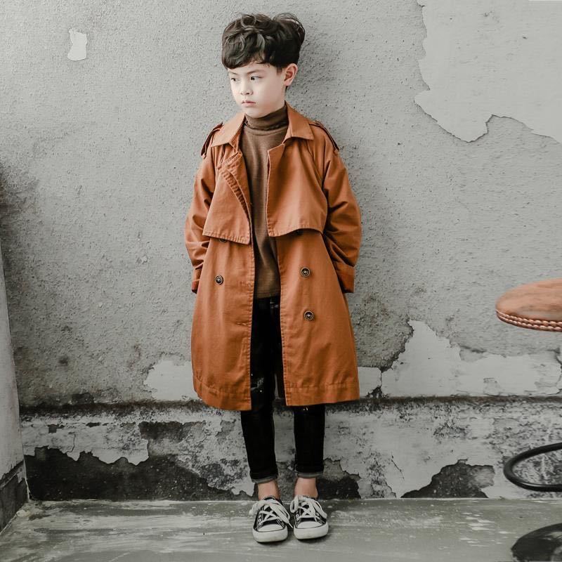 Boy Trench Coat High Quality Long Coat Teenagers Outerwear Spring Fall 100-140cm Turn-down Collar Casual Handsome Cotton Clothes LJ200831