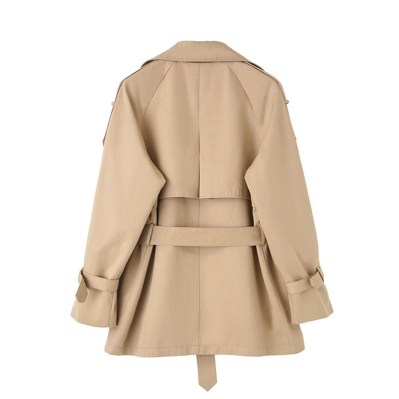 Classic Khaki Short Double-Breasted Trench Coat for Lady with Belts Flaps Women Windbreaker Spring Autumn Female Clothes T200828