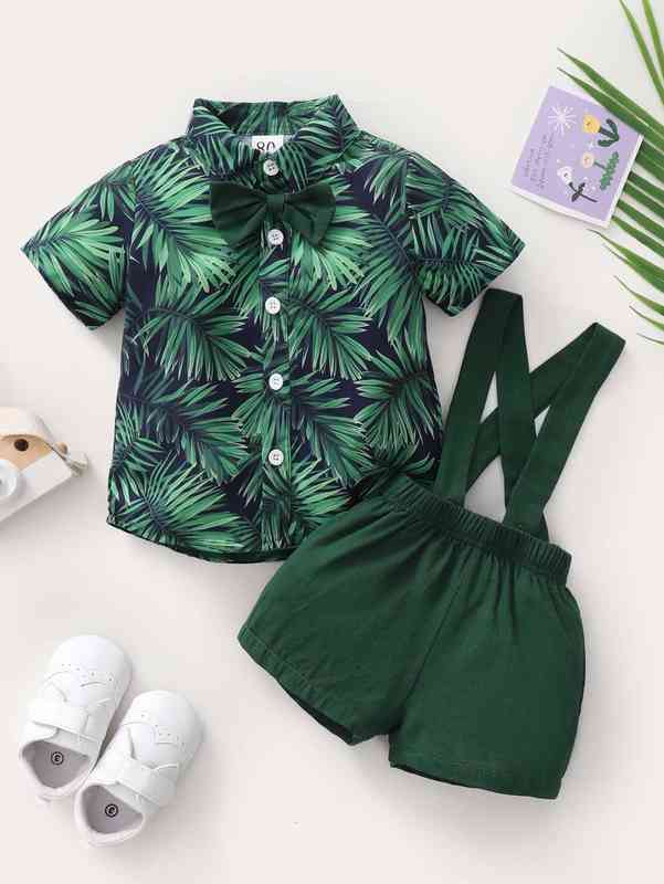 Baby Tropical Print Bow Front Shirt & Suspender Shorts SHE
