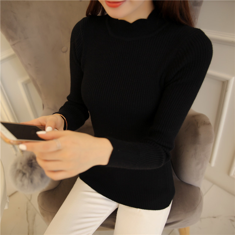 Korean Fashion Women Sweaters and Pullovers Sueter Mujer Ruffled Sleeve Turtleneck Solid Slim Sexy Elastic Women Tops 201221
