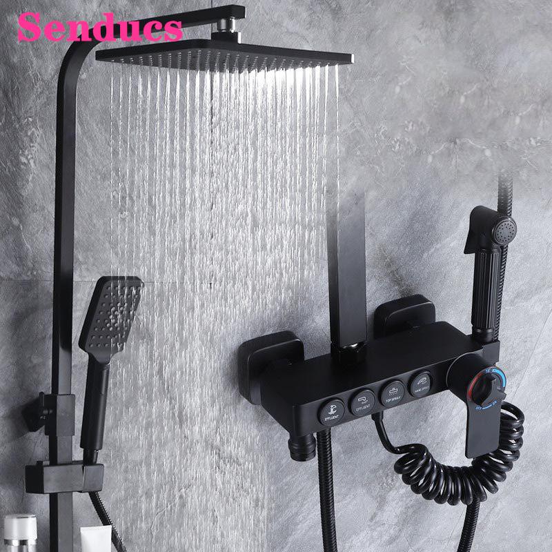 Black Thermostatic Shower Set with Quality Brass Bathroom Mixer Tap Rainfall Shower Head Wall Mounted Hot Cold System
Black Thermostatic Shower Set with Quality Brass Bathroom Mixer Tap Rainfall Shower Head Wall Mounted Hot Cold System