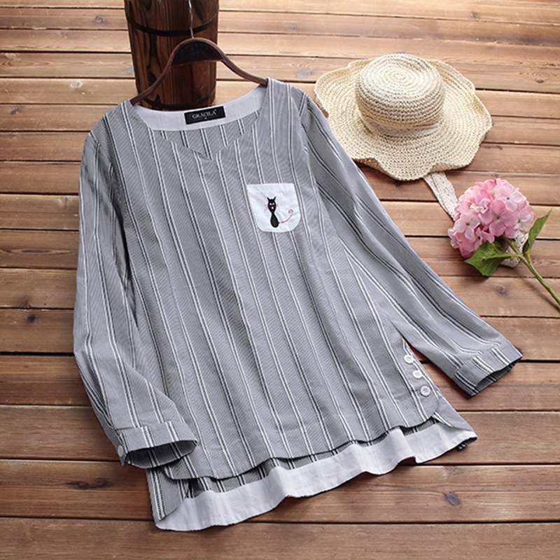 Women Blouse Ladies Autumn Long Sleeve Striped Shirts Casual Side Buttons Irregular Blouse V Neck Blusas Work Top Plus Size Y200930