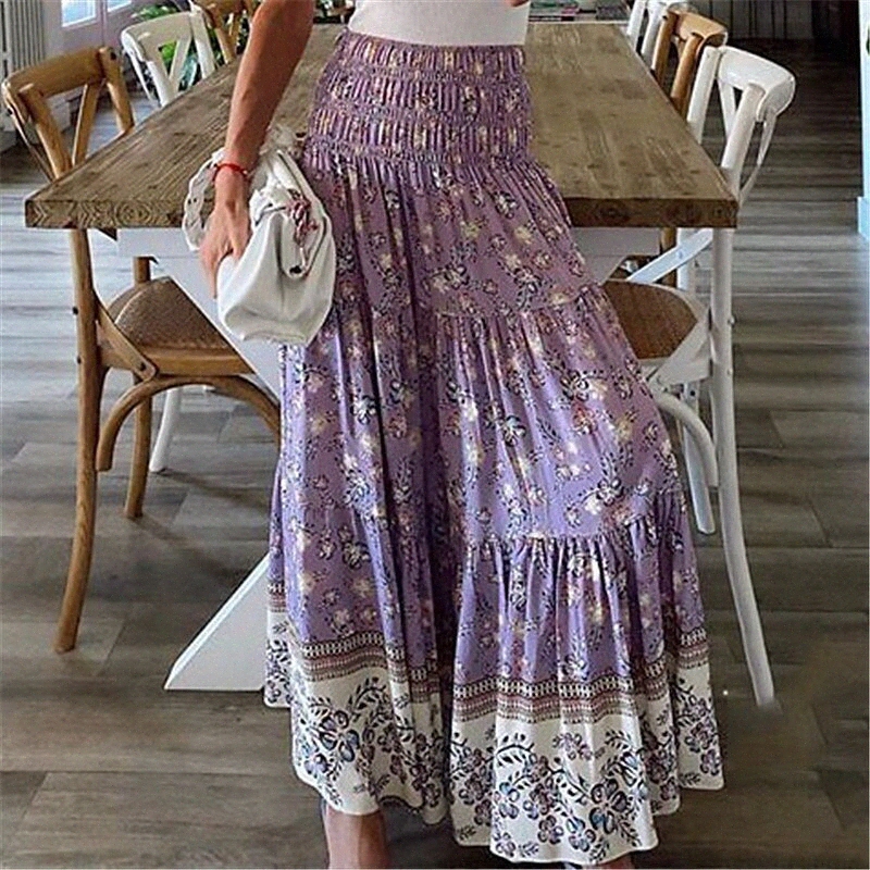 Women's Boho Skirts Vacation Beach Floral / Botanical Print Blue Purple Green S M L / Maxi j4rt#