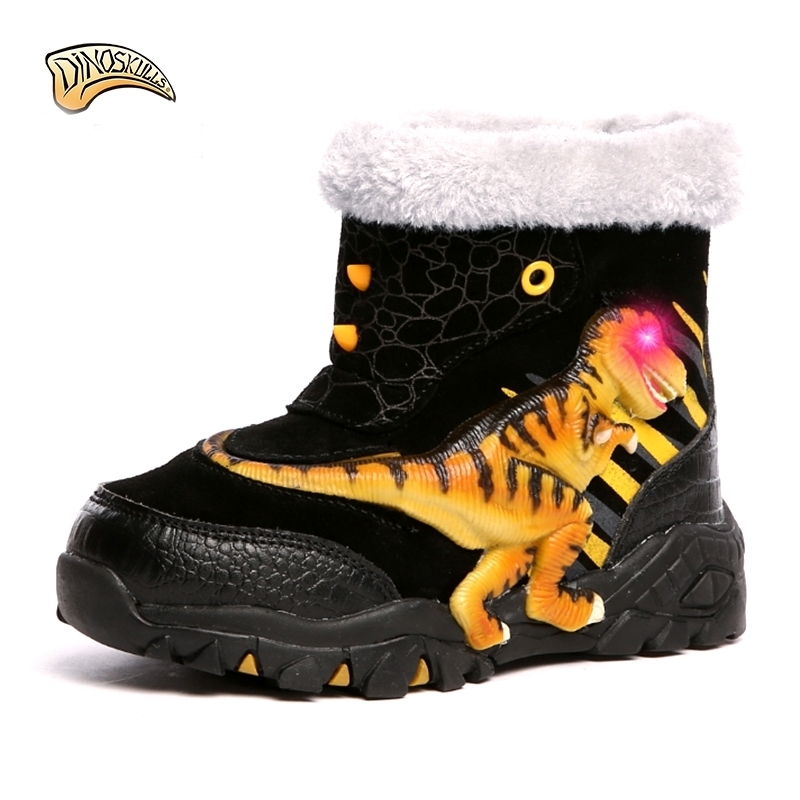 Dinoskulls kids warm boots lights for boys led boots luminous big dinosaur boots warm shoes for CHIldren snowshoes LJ201029