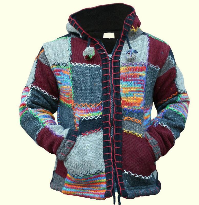 Autumn Men Hooded Wool Cardigan Sweater Jumper Winter Fashion Patchwork Knit Outwear Coat With Pocket 201124